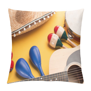 Personality  Musical Instruments And Mexican Sombrero On Yellow Background Pillow Covers