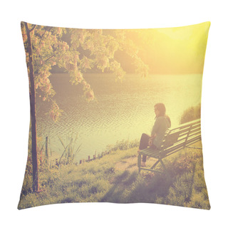 Personality  Woman With Lake In Front Of Her While Sitting On A Park Bench Pillow Covers