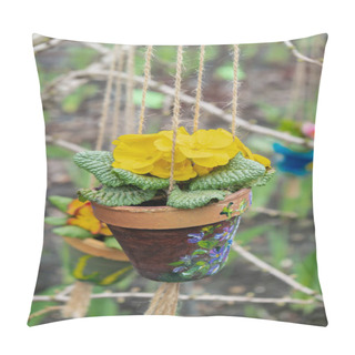 Personality  Spring Flower Plants In Pots Hanging On Tree In Springtime Garden. Blooming Flowers Season. Wallpaper Background Copy Space. Design Exterior Idea For Home Garden Pillow Covers