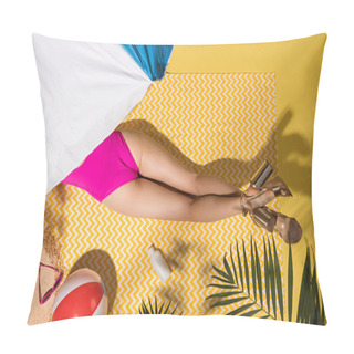 Personality  Partial View Of Woman In Pink Swimsuit And Golden High-heeled Shoes Lying On Yellow Towel Pillow Covers