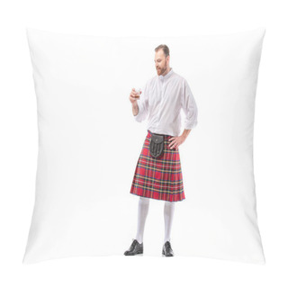 Personality  Scottish Redhead Man In Red Kilt With Whiskey In Glass On White Background Pillow Covers