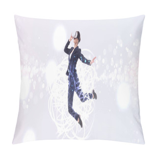 Personality  Panoramic Shot Of Businesswoman In Virtual Reality Headset Jumping On Grey Background With Abstracts Cyberspace Illustration Pillow Covers