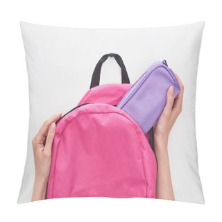 Personality  Partial View Of Schoolgirl Taking Violet Pencil Case From Pink Schoolbag Isolated On White Pillow Covers