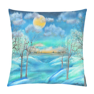 Personality  Oil Painting Of Night Winter Landscape With Full Moon Pillow Covers