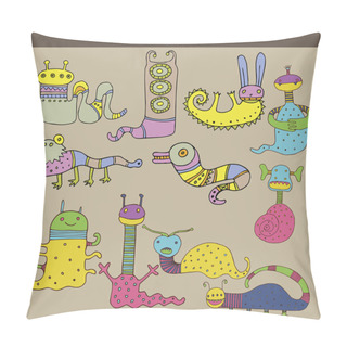 Personality  Set Of Multicolored Cartoon Monsters Against Grey Background. Vector Image Pillow Covers