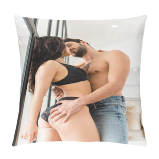 Personality  Side View Of Handsome Man Holding By Buttocks And Kissing Sexy Girl In Lingerie Near Window At Home  Pillow Covers