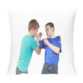 Personality On A White Background Two Boys In Sportswear Clothing Is Performing Tricks Pillow Covers