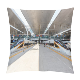 Personality  Tianjin, China - September 29, 2019 Fuxing High-speed Train Trains Tianjin Railway Station In China. Pillow Covers