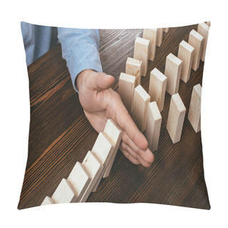 Personality  Partial View Of Man Preventing Wooden Blocks From Falling On Desk Pillow Covers