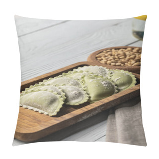 Personality  Close Up View Of Raw Green Ravioli With Flour On Wooden Board Near Pine Nuts Pillow Covers