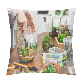 Personality  Woman Transplanting Plants In Florarium. Mini Gardening Hobby Concept Pillow Covers