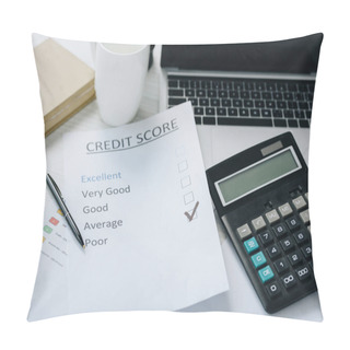 Personality  Credit Score, Calculator, Laptop, Cup, Book And Pen On Table  Pillow Covers