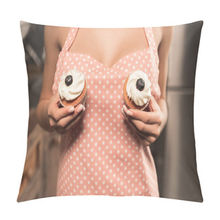 Personality  Mid Section Of Sexy Girl In Apron Holding Tasty Cupcakes Near Breasts   Pillow Covers