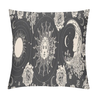 Personality  Magic Background For Astrology, Esotericism, Fortune Telling. Black Banner With The Face Of The Sun And The Face Of The Moon. Pillow Covers