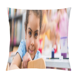 Personality  Panoramic Shot Of Happy African American Kid Smiling And Looking At Camera  Pillow Covers