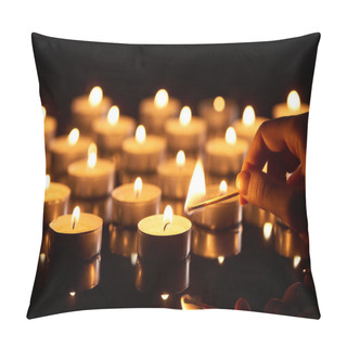 Personality  Selective Focus Of Woman Lighting Up Candle With Match In Dark Pillow Covers