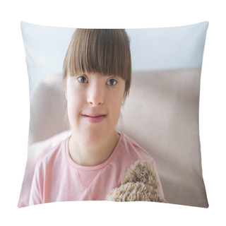 Personality  Kid With Down Syndrome Sitting On Sofa With Teddy Bear Toy Pillow Covers