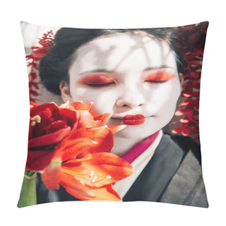 Personality  Portrait Of Beautiful Geisha Holding Red Flowers In Sunlight Pillow Covers