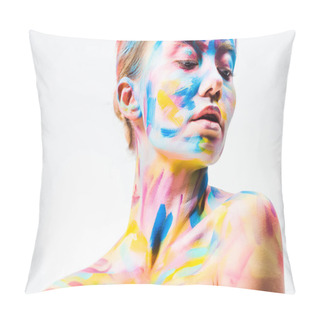 Personality  Attractive Girl With Colorful Bright Body Art Looking Down Isolated On White  Pillow Covers