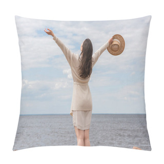 Personality  Back View Of Young Woman Standing With Outstretched Hands Near Sea Pillow Covers