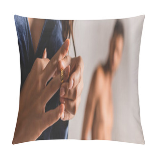 Personality  Panoramic Orientation Of Woman Taking Off Wedding Ring With Shirtless Man At Background  Pillow Covers