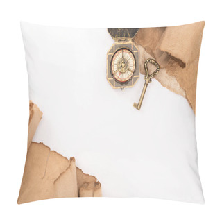 Personality  Top View Of Vintage Key, Compass And Aged Paper Isolated On White Pillow Covers