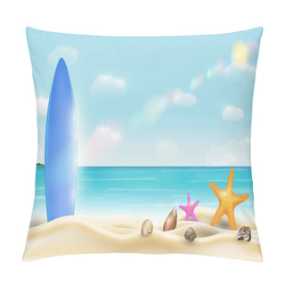Personality  Surfboard On A Beautiful Bright Sea Sand Beach Vector Pillow Covers