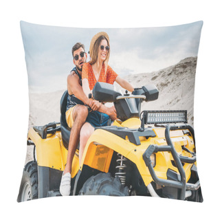 Personality  Beautiful Young Couple Riding All-terrain Vehicle In Desert On Cloudy Day Pillow Covers