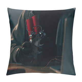 Personality  Partial View Of Criminal In Leather Gloves Holding Bomb Pillow Covers
