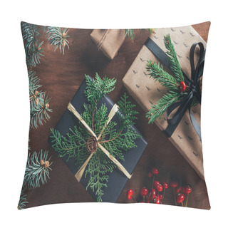 Personality  Top View Of Christmas Gift Boxes With Fir Branches And Decorative Berries On Wooden Background   Pillow Covers
