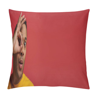 Personality  Amazed Indian Man In Yellow T-shirt Showing Okay Sign, Hand Near Face Background In Studio, Banner Pillow Covers