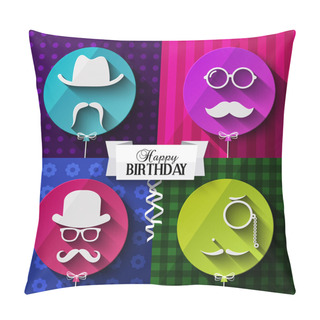 Personality  Birthday Card. Colorful Baloons In Flat Design. Silhouettes On Hipster Style. Mustaches. Pillow Covers