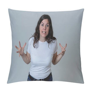 Personality  Facial Expressions And Emotions. Portrait Of Young Attractive Caucasian Woman With An Angry Face. Looking Mad And Crazy Shouting And Making Furious Gestures. Isolated On Neutral Background. Pillow Covers