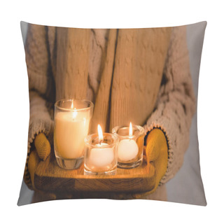 Personality  Close Up View Of Burning Candles In Hands Of Woman In Knitwear And Gloves Blurred On Grey Background Pillow Covers