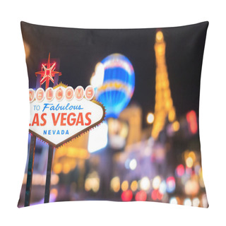 Personality  Famous Las Vegas Sign At Night With Las Vegas Cityscape Blur Background. Pillow Covers