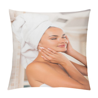Personality  Beautiful Woman In White Bath Robe With Perfect Clean Face  Pillow Covers