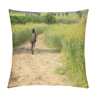 Personality  Girl Wearing A Backpack Walking Down On Road Alon Pillow Covers