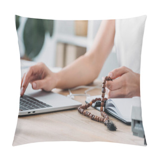 Personality  Cropped View Of Businesswoman Using Laptop And Holding Rosary Beads At Workplace Pillow Covers