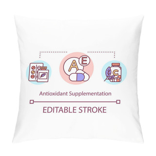 Personality  Antioxidant Supplementation Concept Icon. Disease Prevention Idea Thin Line Illustration. Natural Medication. Vitamins And Herbal Drugs. Vector Isolated Outline RGB Color Drawing. Editable Stroke Pillow Covers
