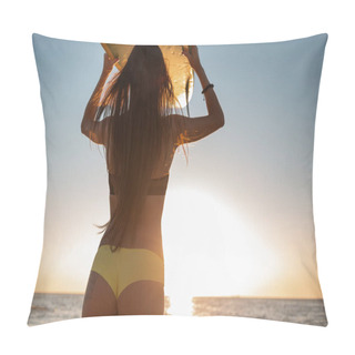 Personality  Dark-haired Girl In A Swimsuit Holds A Surfboard Over Her Head On The Sandy Beach Near The Sea On The Sunset Pillow Covers