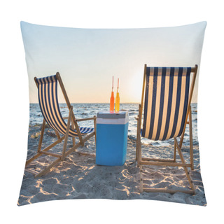 Personality  Refreshing Beverages On Cooler And Chaise Lounges On Sandy Beach At Sunset  Pillow Covers
