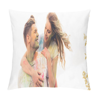 Personality  Panoramic Shot Of Handsome Man Piggybacking His Smiling And Attractive Girlfriend  Pillow Covers
