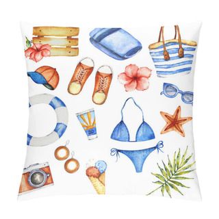 Personality  Watercolor Summer Collection. Hand Painted Isolated Elements. Clothes, Gadgets, Necessary Things For Seaside Beach Rest.  Pillow Covers