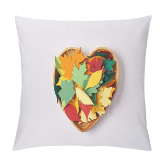 Personality  Top View Of Wooden Heart Shaped Box And Colorful Handcrafted Leaves On White Surface Pillow Covers