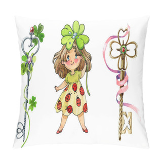 Personality  Set. Symbols Of Good Luck. Four Leaf Clover. Keys Of Happiness And A Little Fairy. Watercolor Illustration, Handmade. Pillow Covers