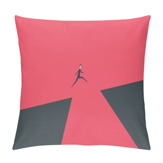 Personality  Minimalist Stile. Vector Business Finance. Businessman Jumping Over Chasm Vector Concept. Symbol Of Business Success, Challenge, Risk, Courage Pillow Covers