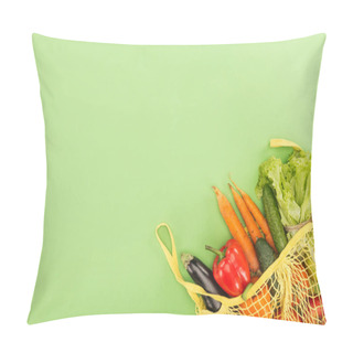 Personality  Red Bell Pepper, Carrots, Lettuce, Cucumbers And Eggplant In Yellow String Bag On Light Green Background Pillow Covers