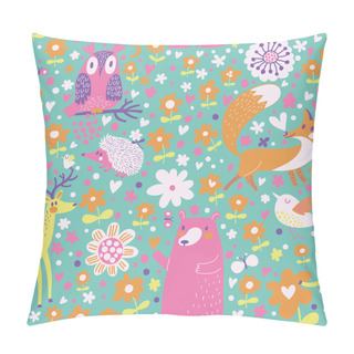 Personality  Fox, Bear, Rabbit, Owl, Snail In Trees And Flowers. Pillow Covers