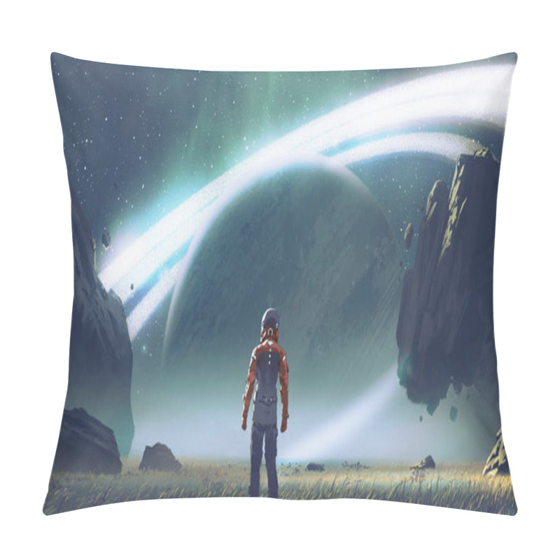Personality  Sci-fi scene showing futuristic man standing in a field looking at the planet with giant rings, digital art style, illustration paintin pillow covers