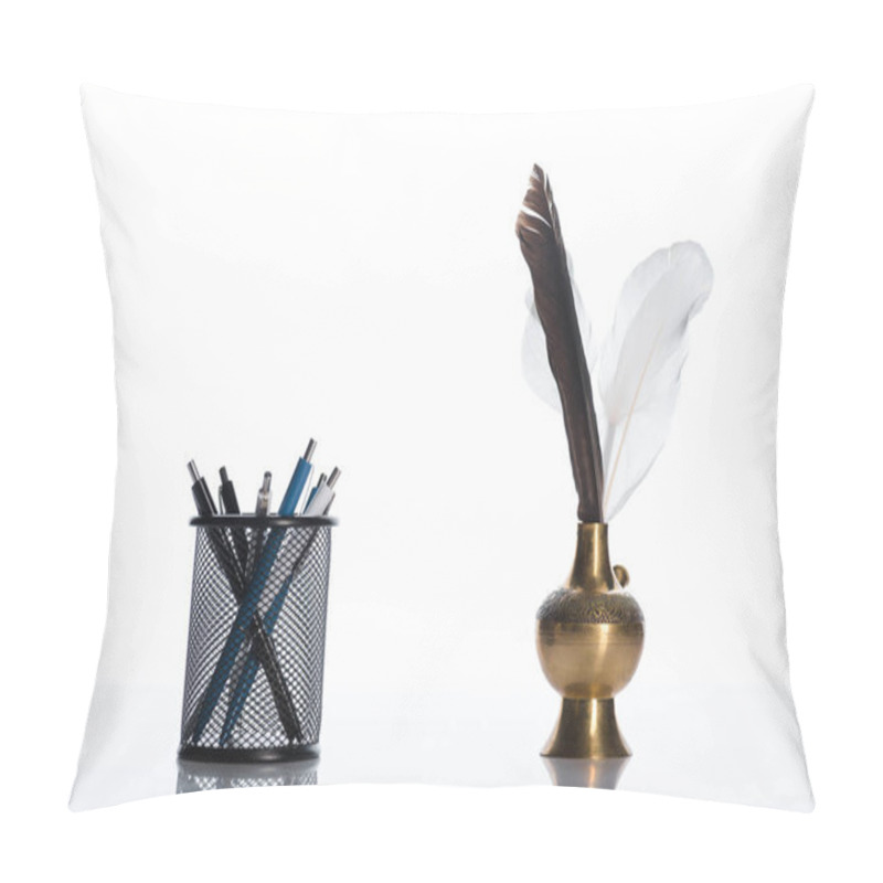 Personality  evolution of pens on white with copy space  pillow covers